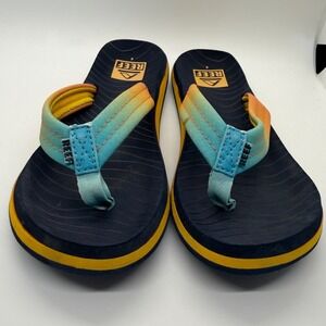 Reef Kids Ahi Flip Flops Blue Orange Ombre Sunset‎ Beach Sandals Size 4 Big Kid